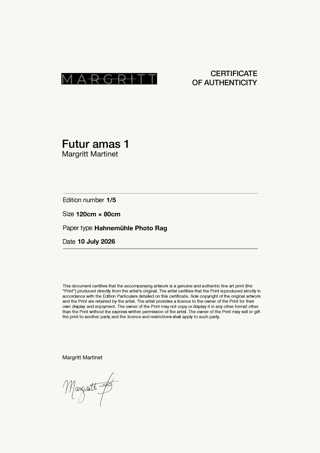 Futur amas 1 — Certificate of Authenticity