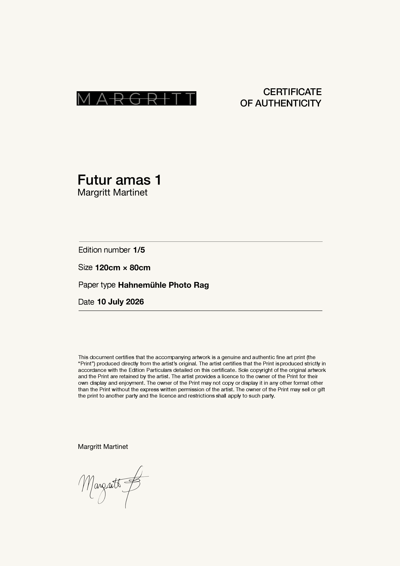 Futur amas 1 — Certificate of Authenticity