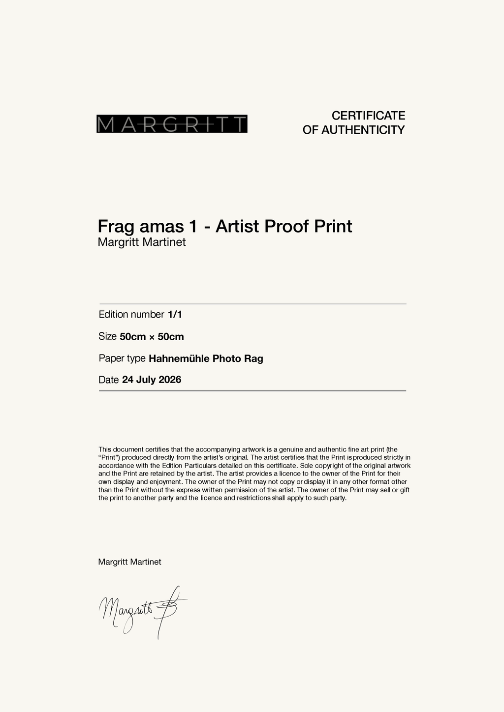 Frag amas 1 - Artist Proof Print — Certificate of Authenticity