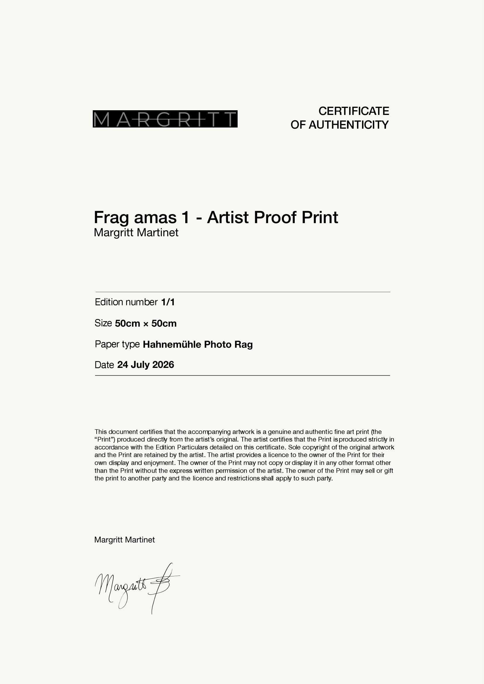 Frag amas 1 - Artist Proof Print — Certificate of Authenticity